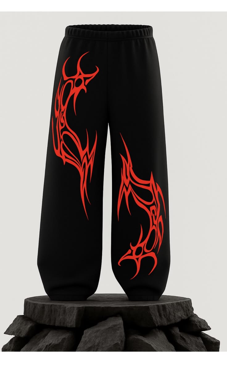 Red Tribal Graphic Print Black Joggers | Streetwear