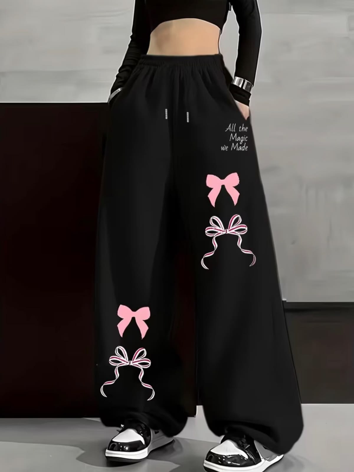 "All the Magic we Made" Bow Graphic Print Black Joggers | Streetwear
