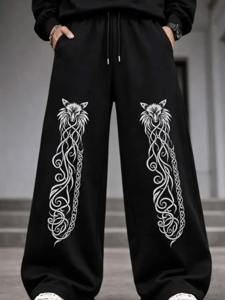 Wolf & Celtic Knot Graphic Print Black Joggers | Streetwear