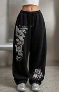 Y2K Style Butterfly & Rose Print Sweatpants - Black
