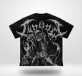 Black t-shirt with a graphic design of a skeleton holding a sword on a white background.