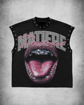 Matiere Desires Rhinestone Lips Graphic Muscle Tee