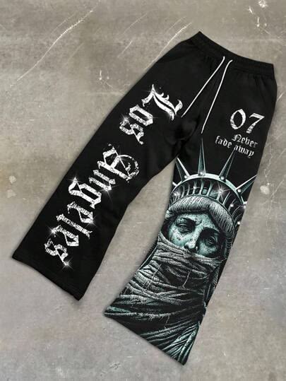 Statue of Liberty Graphic Print Black Joggers | Streetwear
