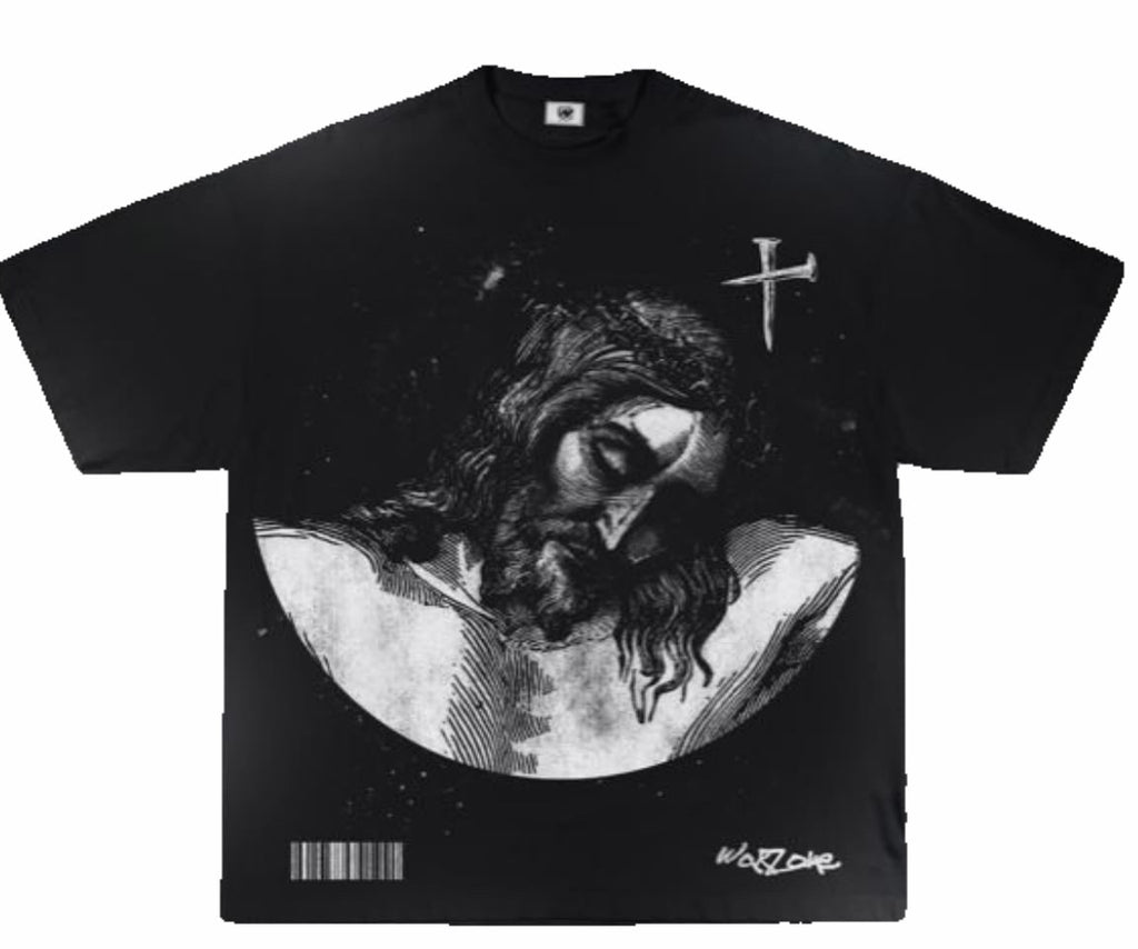 Black t-shirt with graphic design and text on a white background