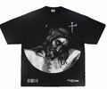 Black t-shirt with graphic design and text on a white background