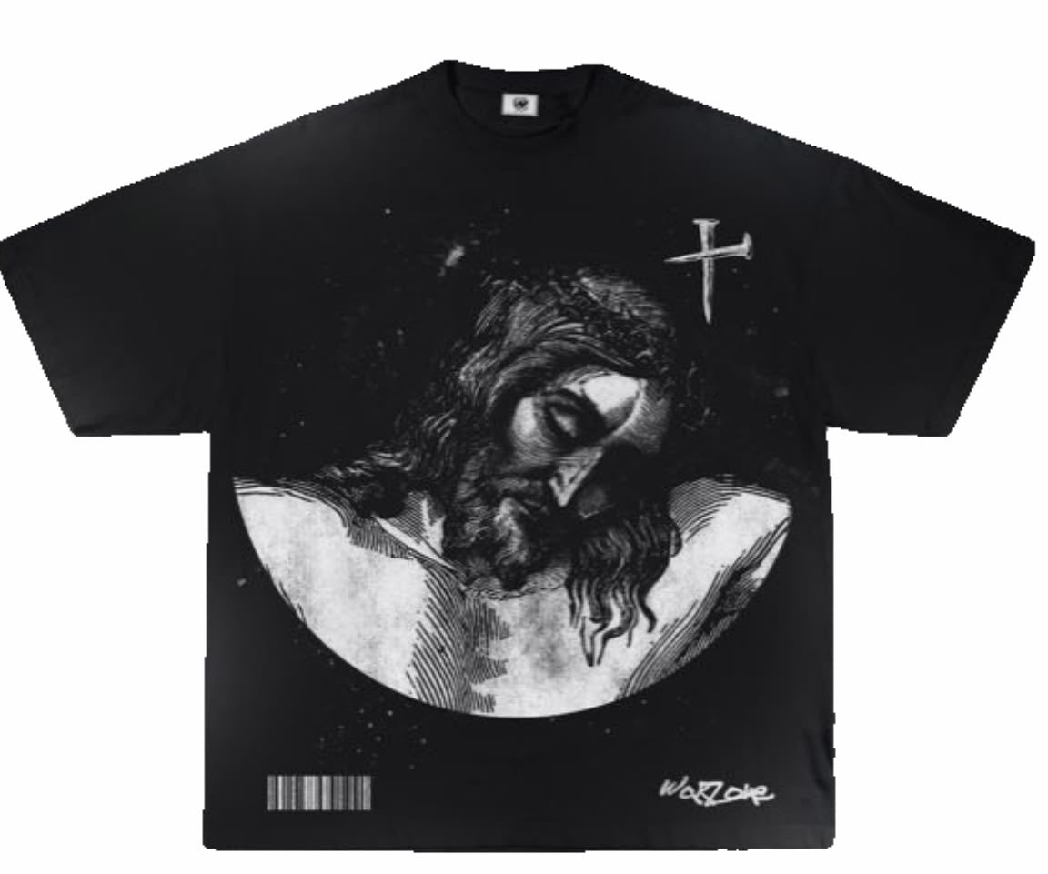 Black t-shirt with graphic design and text on a white background