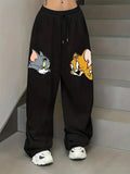 Tom and Jerry Graphic Print Black Joggers | Streetwear