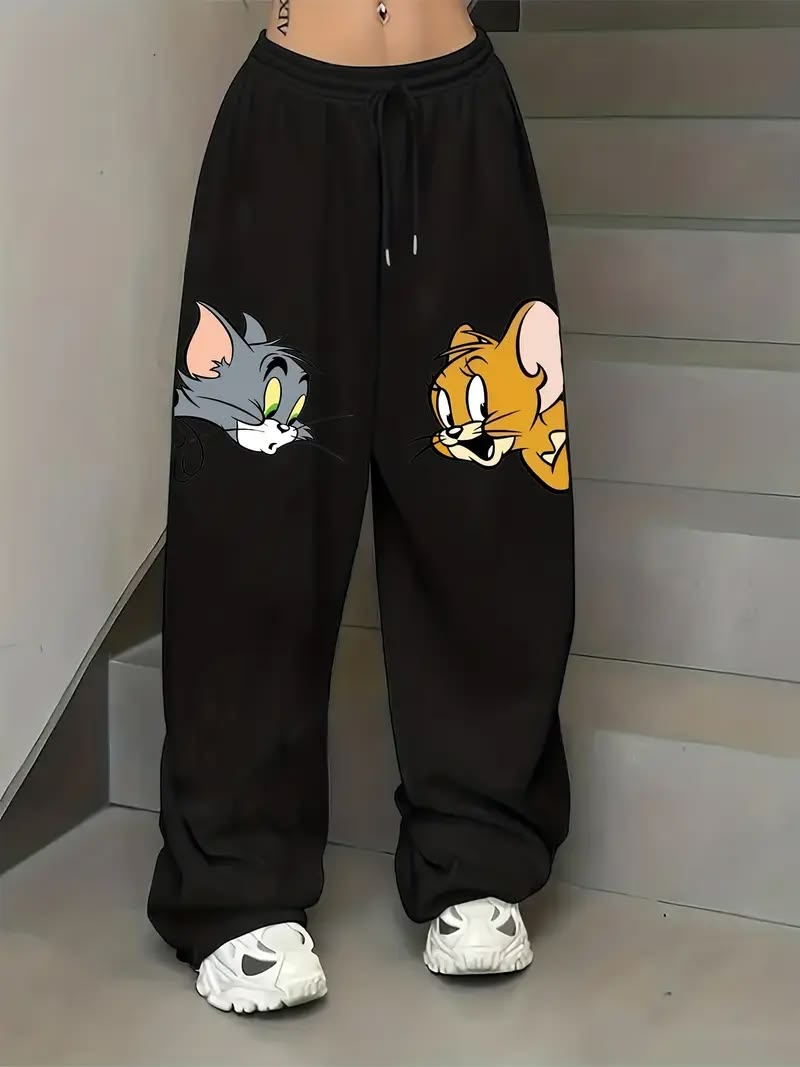 Tom and Jerry Graphic Print Black Joggers | Streetwear