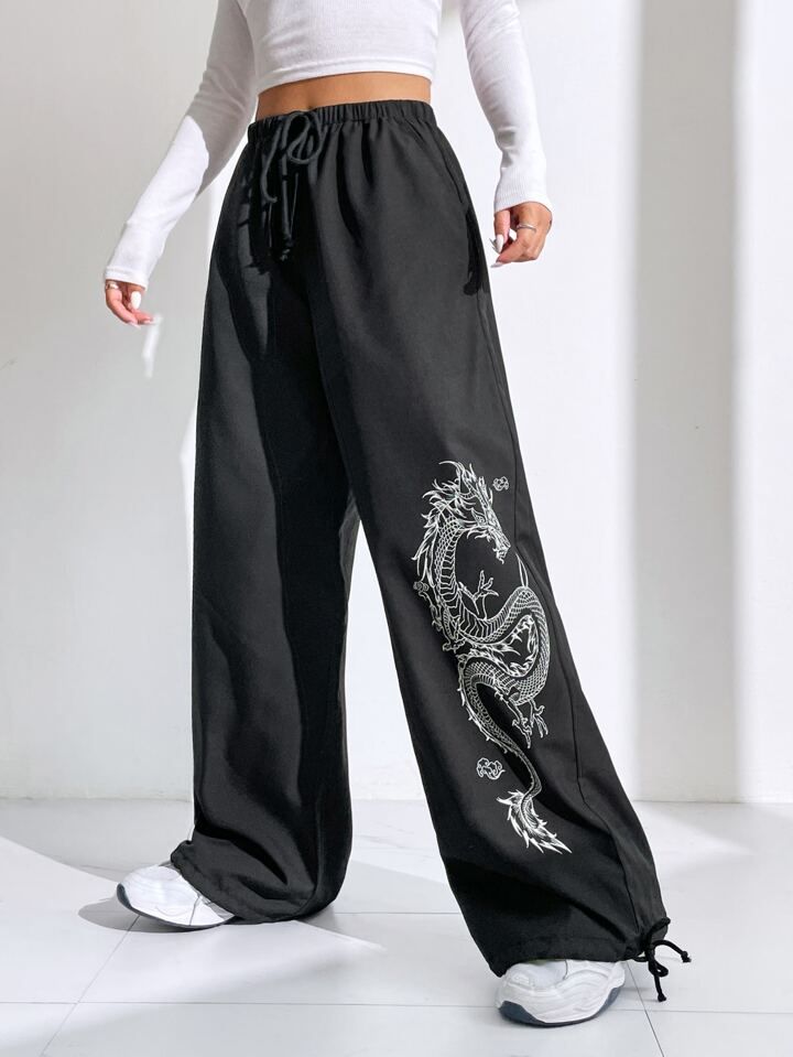 Dragon Graphic Print Black Joggers | Streetwear