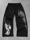 Angel & Gothic Cross Graphic Print Black Joggers | Streetwear