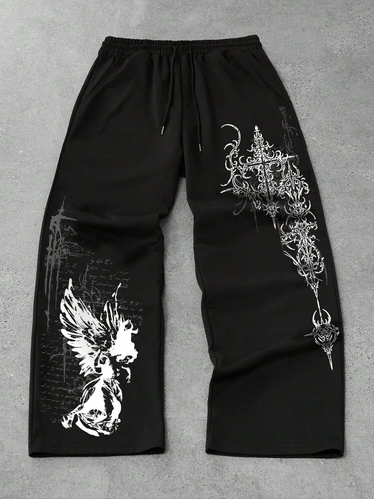 Angel & Gothic Cross Graphic Print Black Joggers | Streetwear