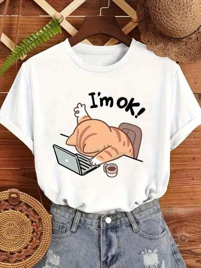 Cute "I'm OK!" Cat Working T-Shirt for Women | Funny Graphic Tee
