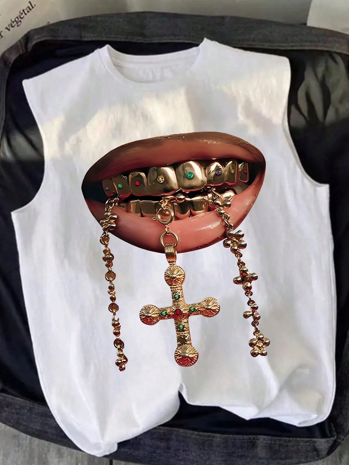 Gold Grills & Cross Graphic Sleeveless Shirt | Urban Streetwear Apparel