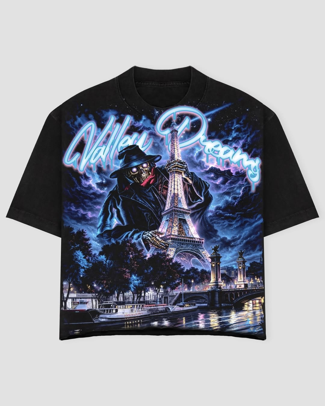 Valley Dreams: Nighttime Parisian Skeleton Graphic T-Shirt