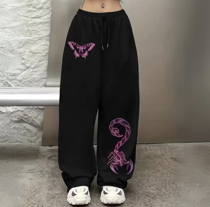 Butterfly and Scorpion Graphic Print Black Joggers | Streetwear