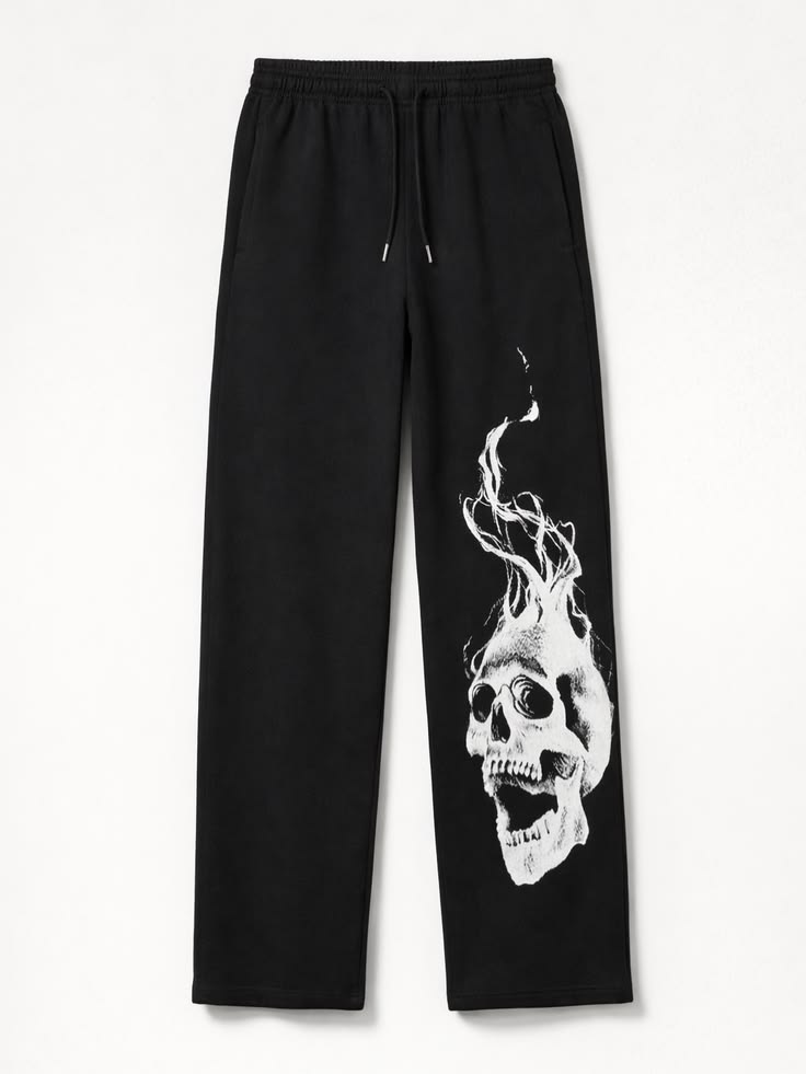 Flaming Skull Graphic Print Black Joggers | Streetwear