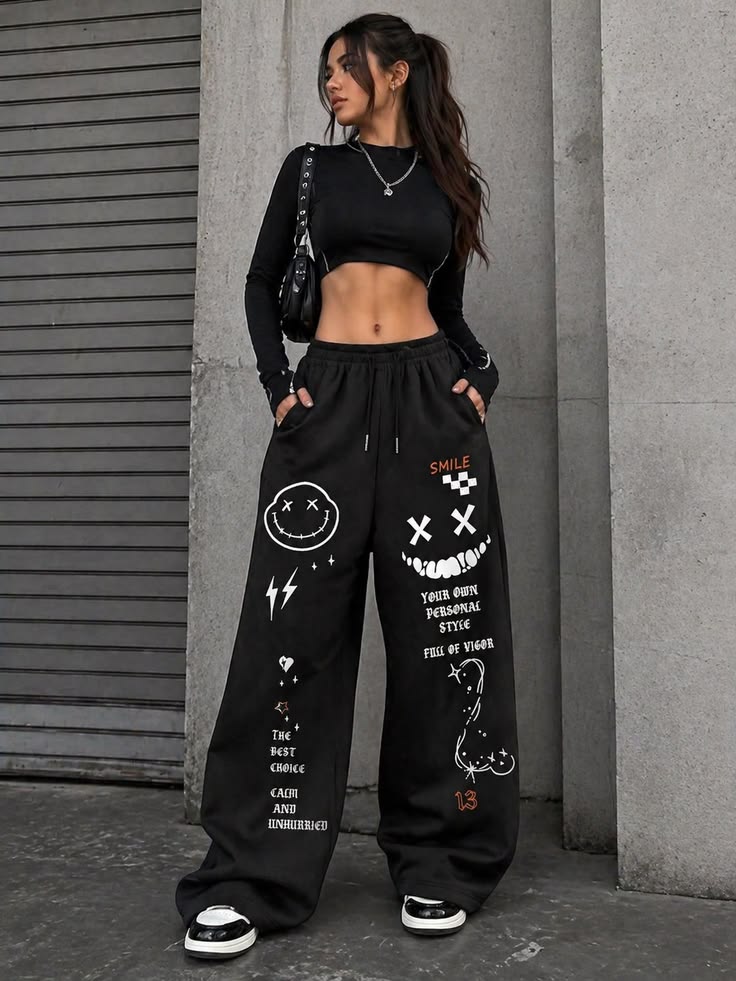 Black Graffiti Wide Leg Sweatpants – Oversized Streetwear Graphic Joggers