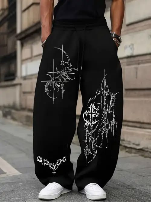 Gothic Cross Graphic Print Black Joggers | Streetwear