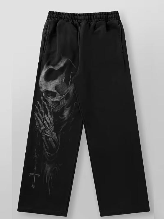 Skull & Praying Hands Graphic Print Black Joggers | Streetwear