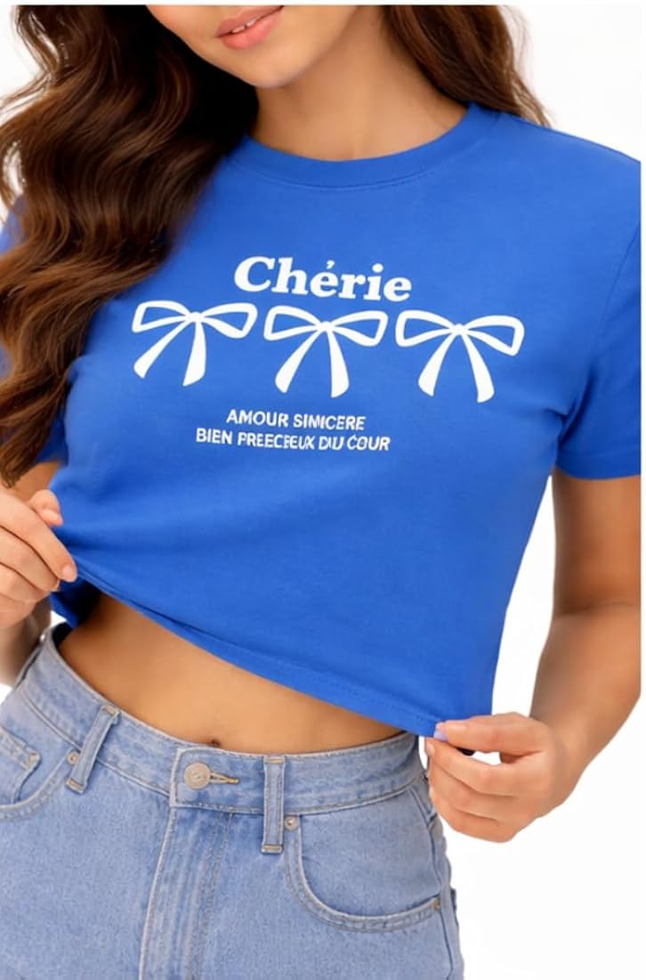 "Chérie" Royal Blue Bow Graphic Crop Top