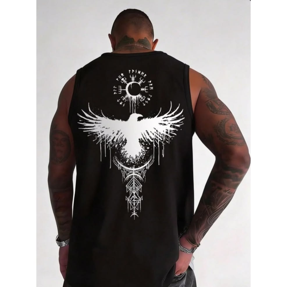 Raven Norse Symbol Oversized Sleeveless T-Shirt for Men | Black Viking Graphic Tank