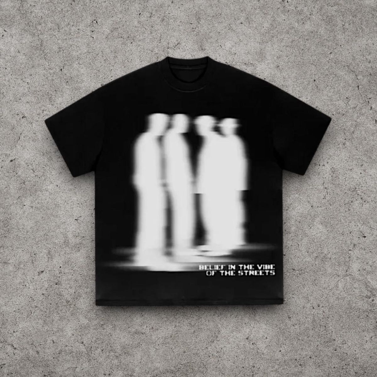 Belief In The Vibe Blurred Silhouettes Tee – Black Oversized Streetwear T-Shirt