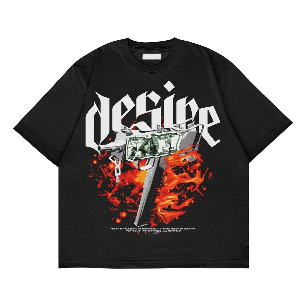"Desire" Fire and Weapon Graphic Oversized Black Unisex T-Shirt