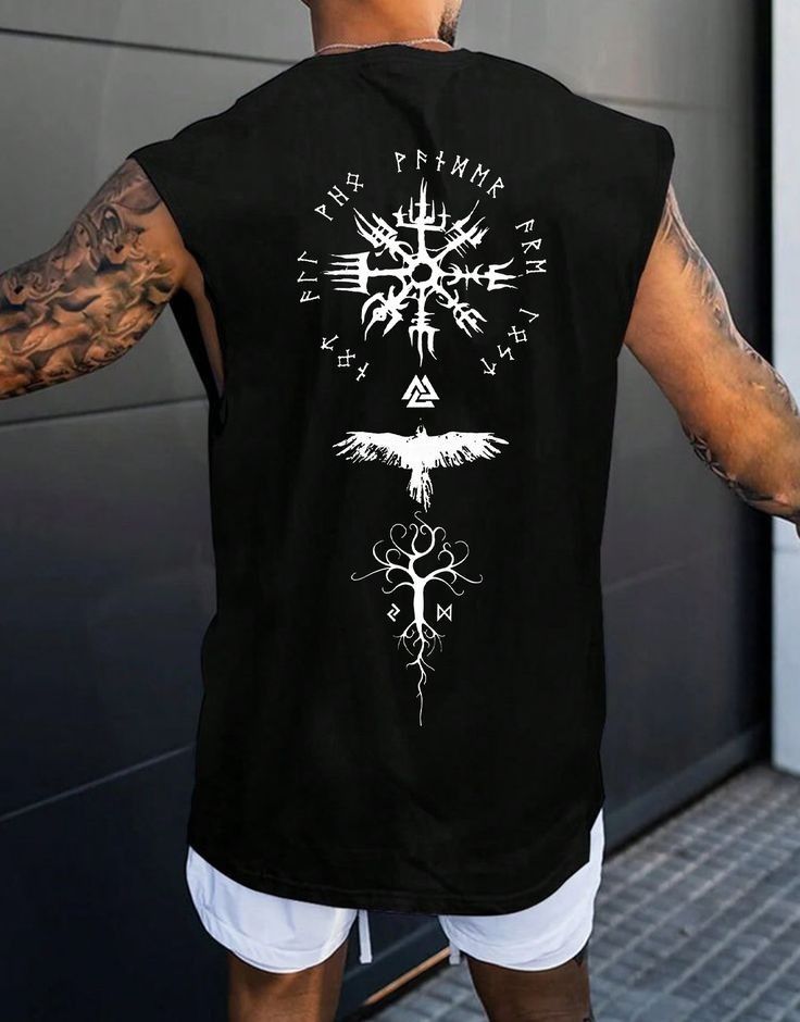 Viking Rune Oversized Sleeveless T-Shirt for Men | Norse Raven Black Gym Tank