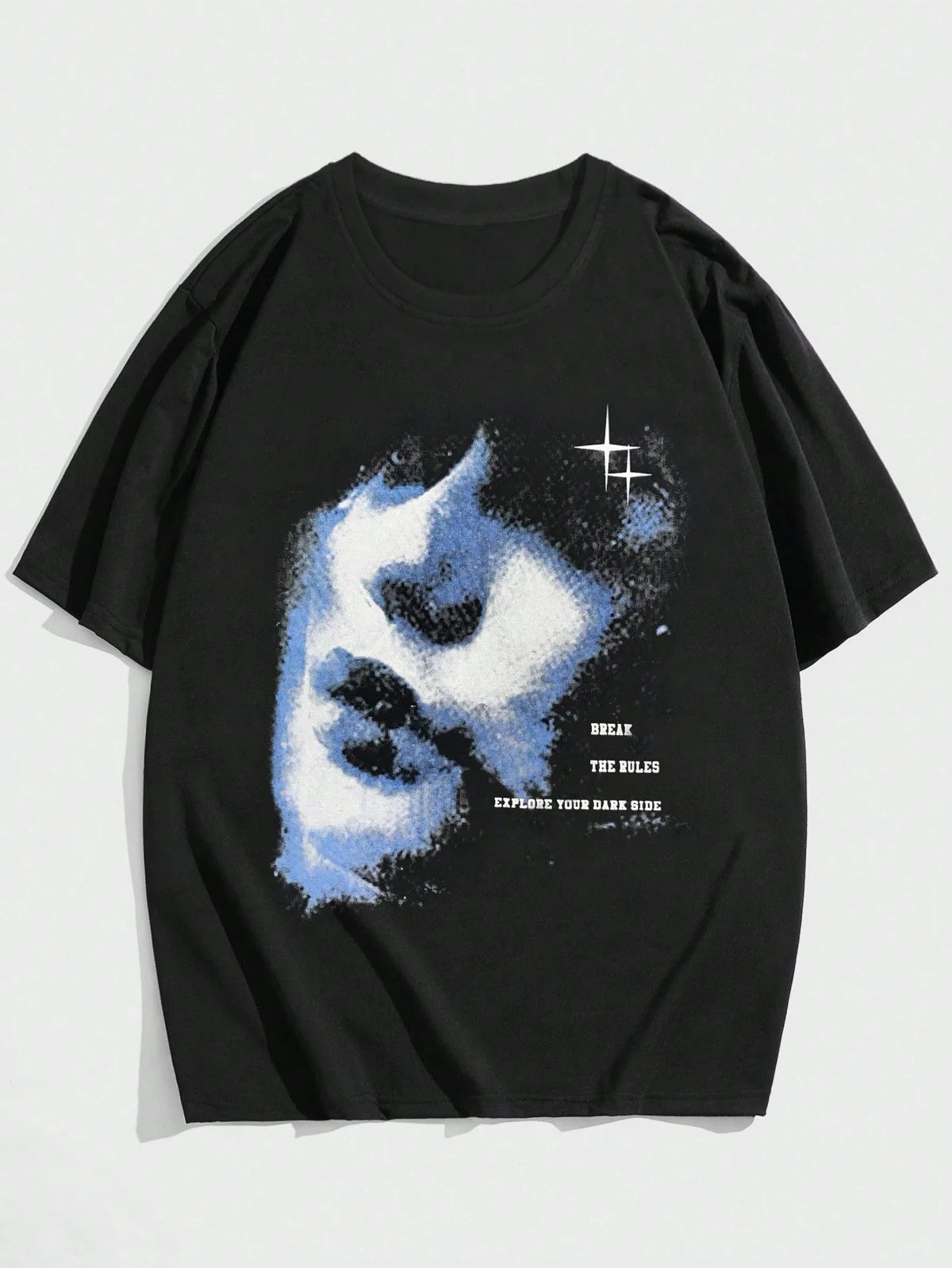 Explore Your Dark Side Blue Face Graphic Tee – Black Oversized Streetwear T-Shirt