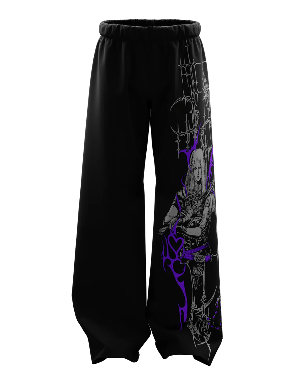 Black Gothic Warrior Wide Leg Sweatpants – Oversized Purple Graphic Streetwear Joggers