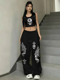 Black Gothic Skull Wing Wide Leg Sweatpants – Oversized Graphic Streetwear Joggers