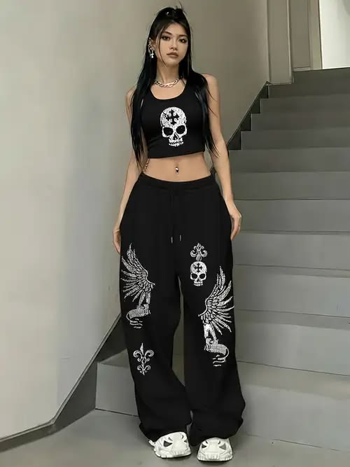 Black Gothic Skull Wing Wide Leg Sweatpants – Oversized Graphic Streetwear Joggers