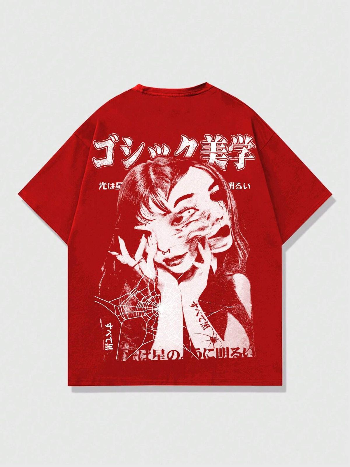 Gothic Anime Horror Graphic T-Shirt – Red Oversized Japanese Streetwear Tee