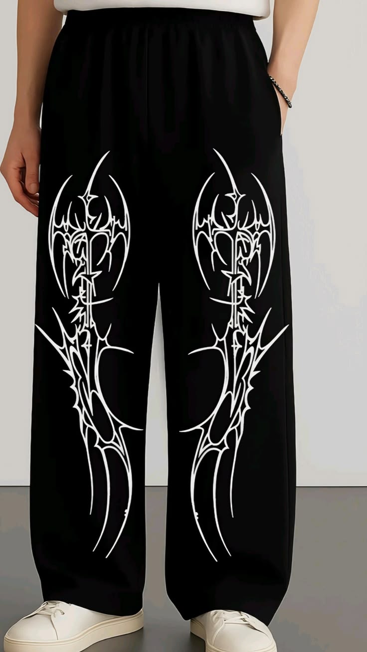 White Tribal Graphic Print Black Joggers | Streetwear