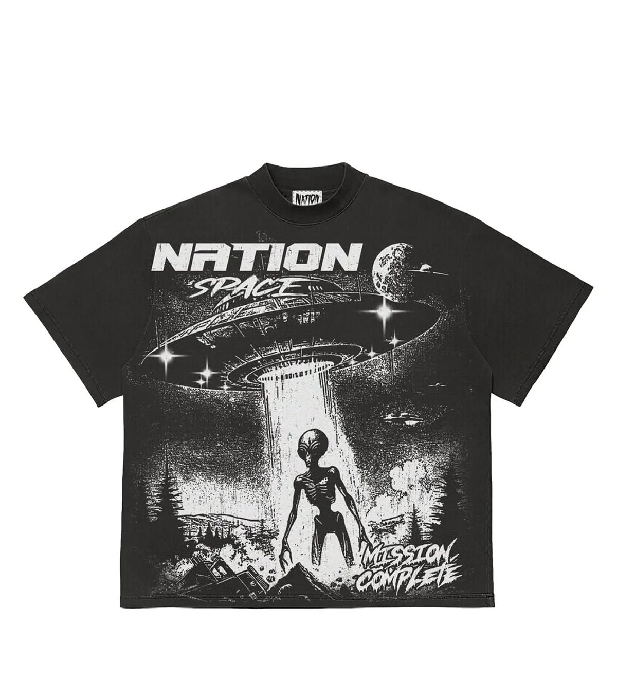 Black t-shirt with alien design and 'Nation Space' text on a white background