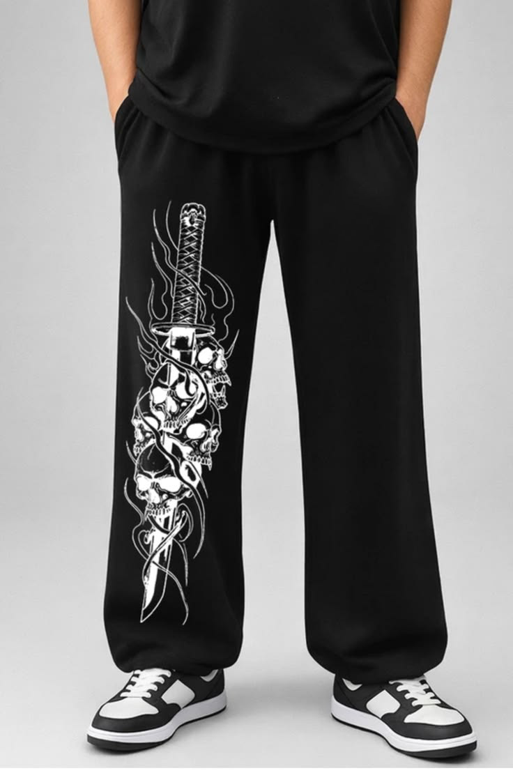 Skull & Katana Sword Graphic Print Black Joggers | Streetwear