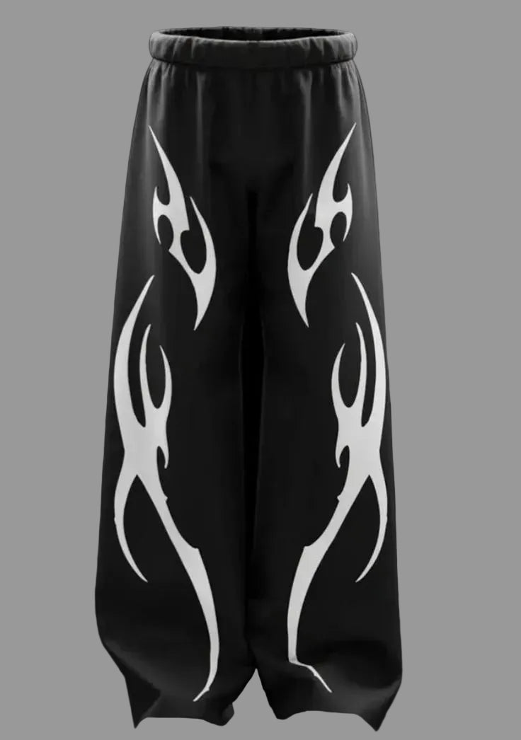 White Tribal Flame Graphic Print Black Joggers | Streetwear