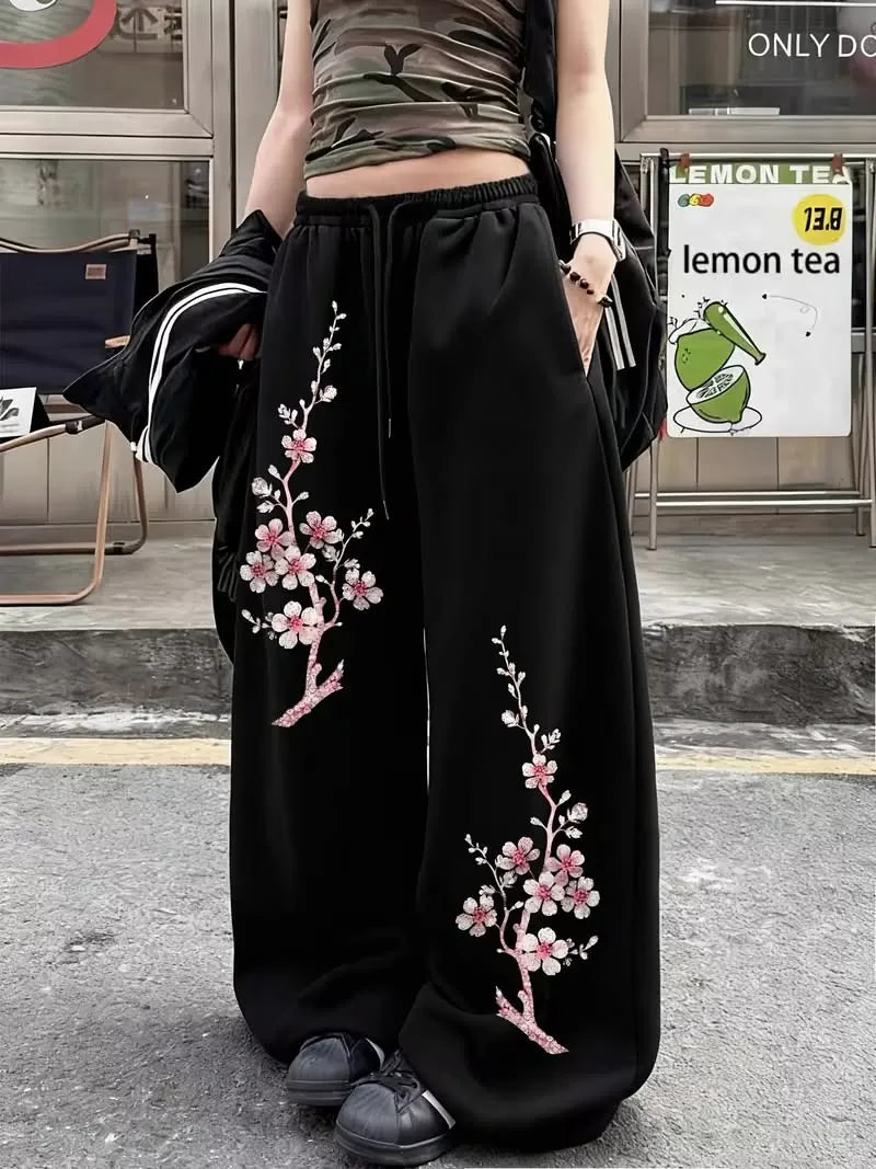 Floral Cherry Blossom Print Black Joggers | Streetwear