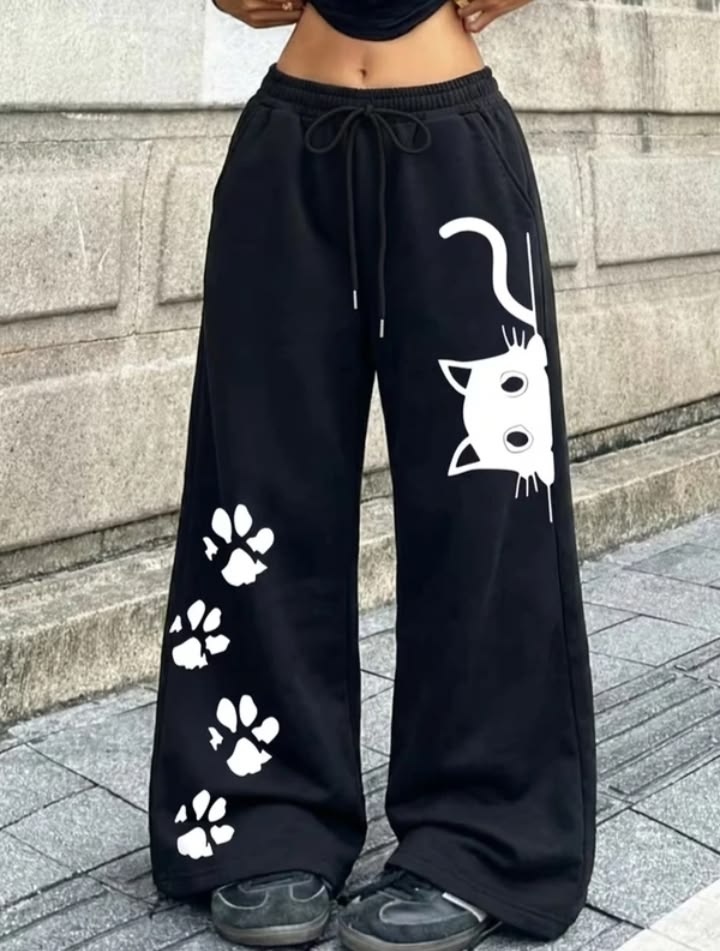 Cat Face and Paw Print Black Joggers | Streetwear