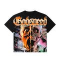 Black t-shirt with a graphic design featuring a skull and text on a white background
