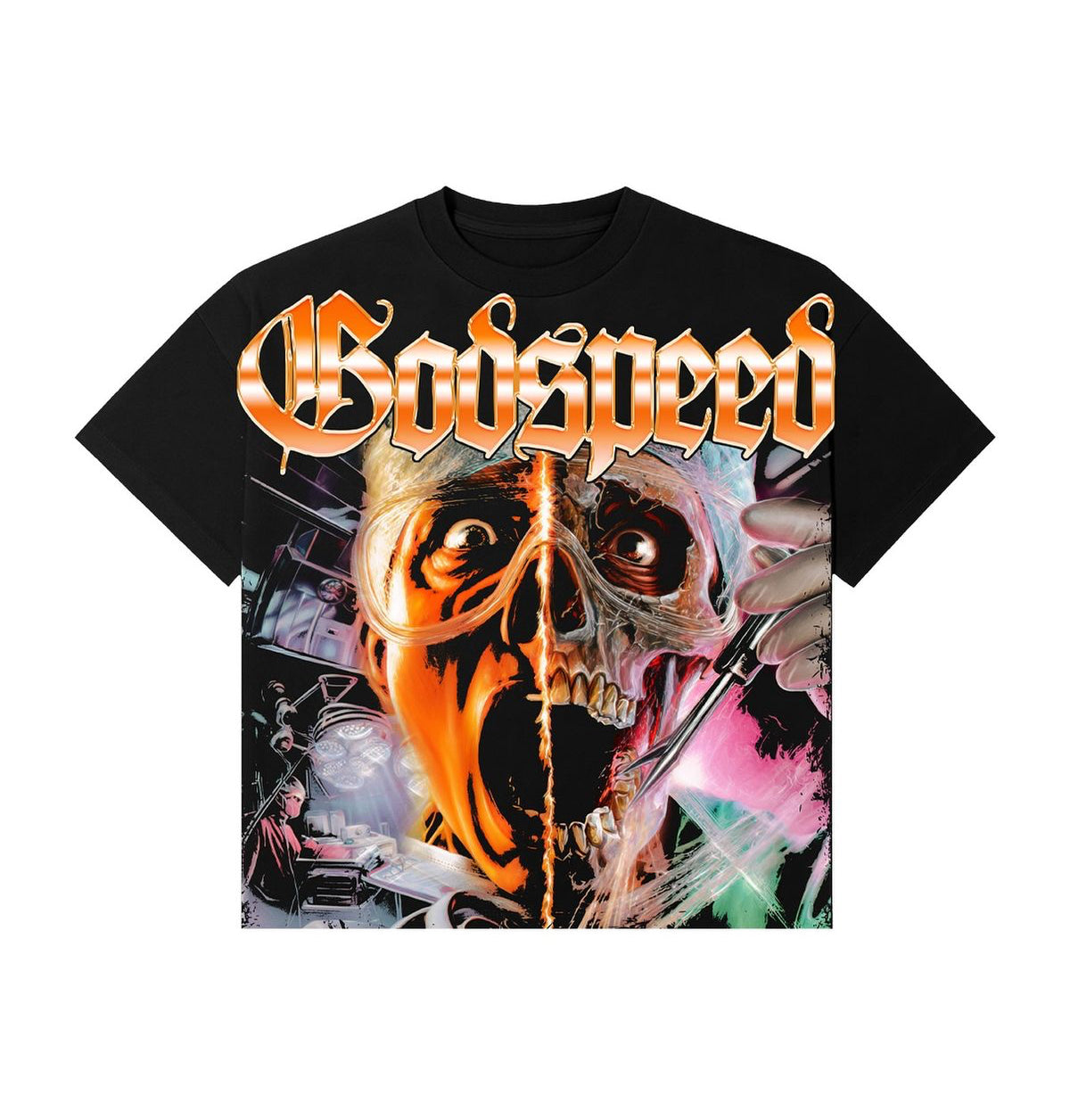 Black t-shirt with a graphic design featuring a skull and text on a white background