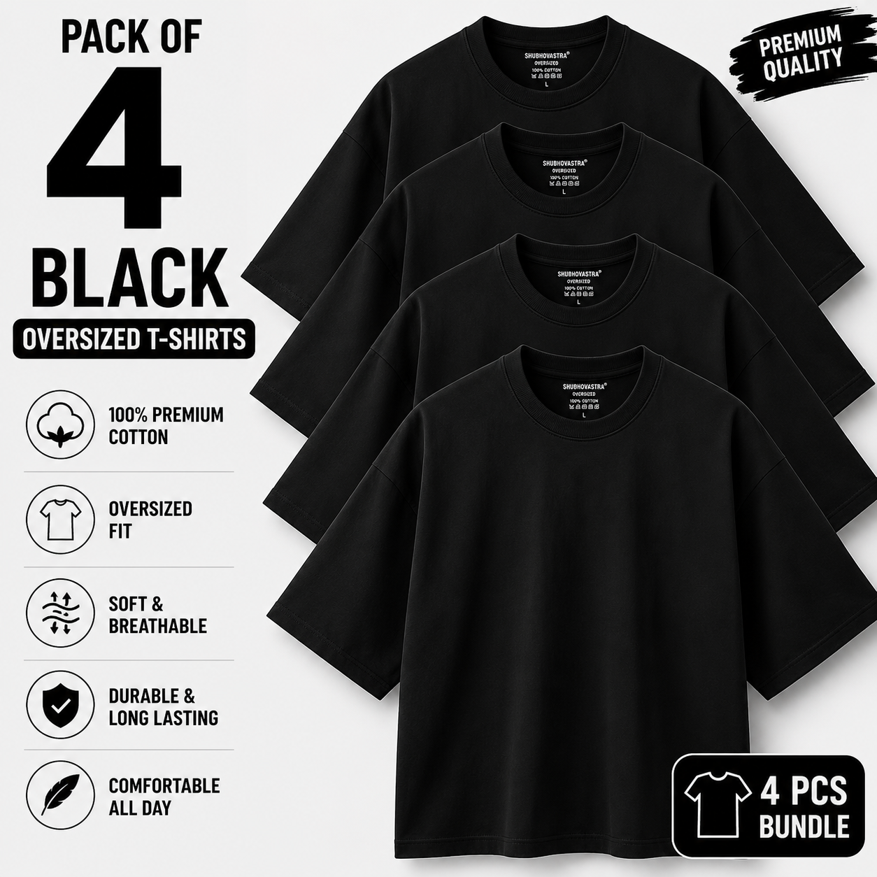 Pack of 4 Black Oversized T-Shirts | Premium Cotton | Drop Shoulder Unisex Fit | Everyday Wear Combo
