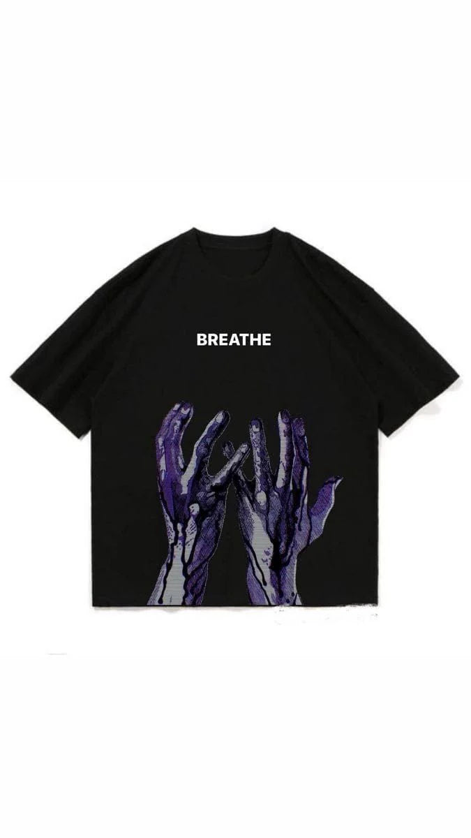 Breathe Purple Drowning Hands Graphic Tee – Black Oversized Streetwear T-Shirt