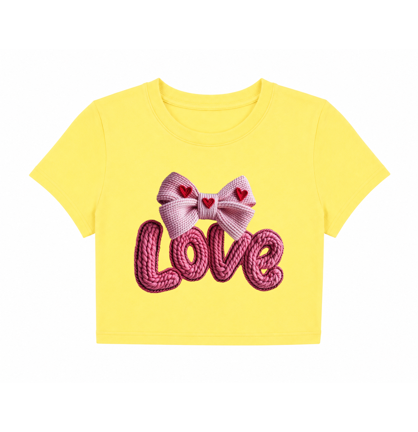 "Love" Cable Knit Texture Bow Yellow Crop Top