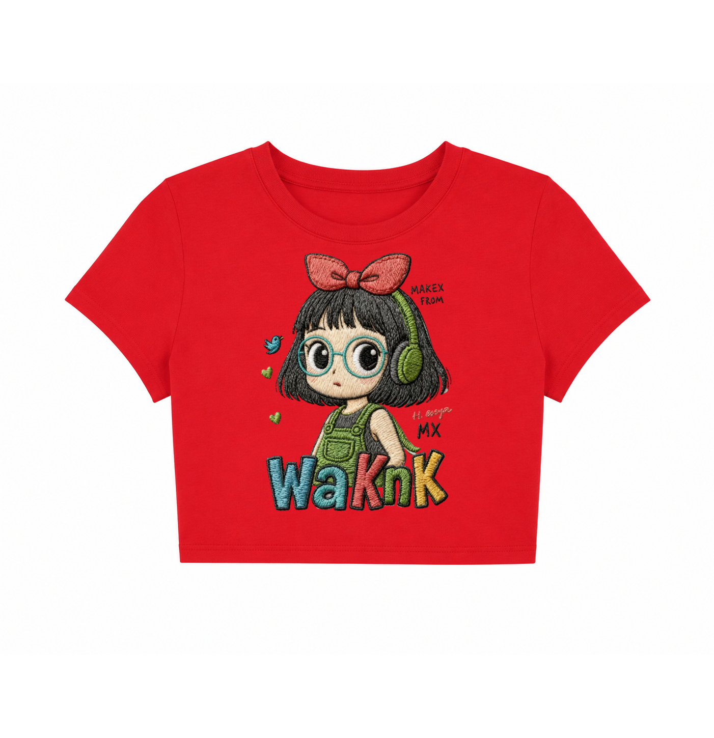 Cute Anime Girl Embroidered Red Crop Top