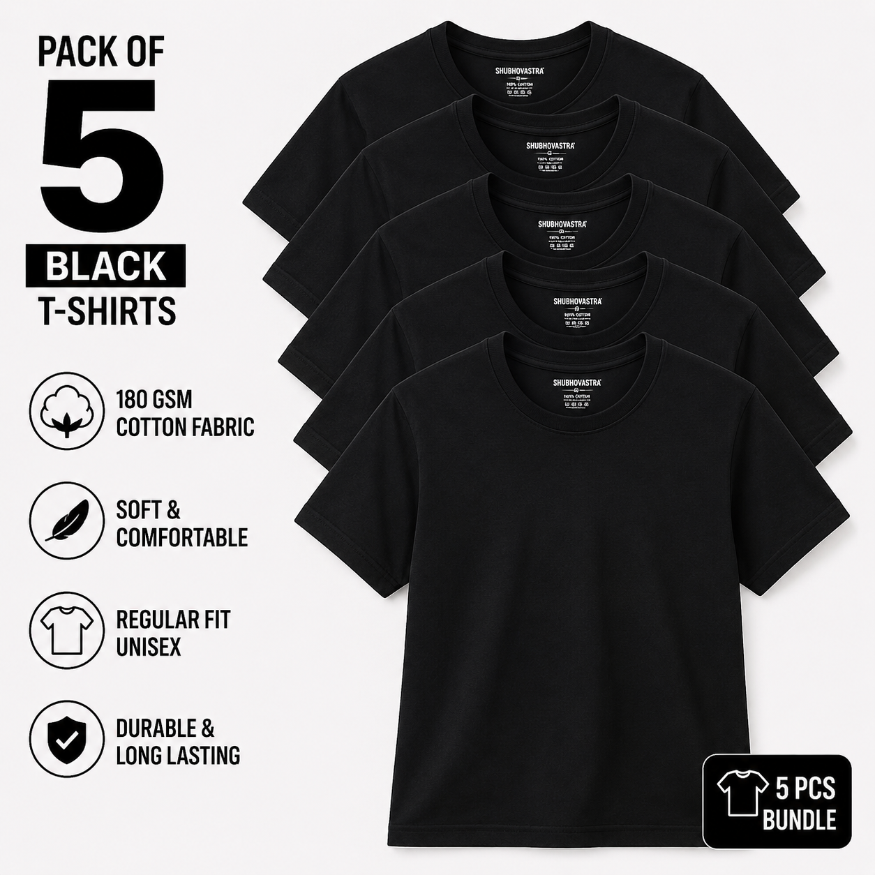 Pack of 5 Black Regular T-Shirts for Men & Women | 180 GSM Premium Cotton | Unisex Everyday Wear