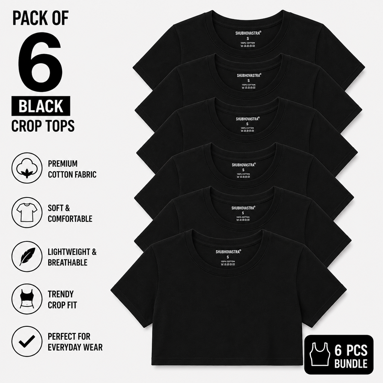 Pack of 6 Women's Crop Tops | Premium Cotton | Half Sleeve Regular Fit | Everyday Wear Combo