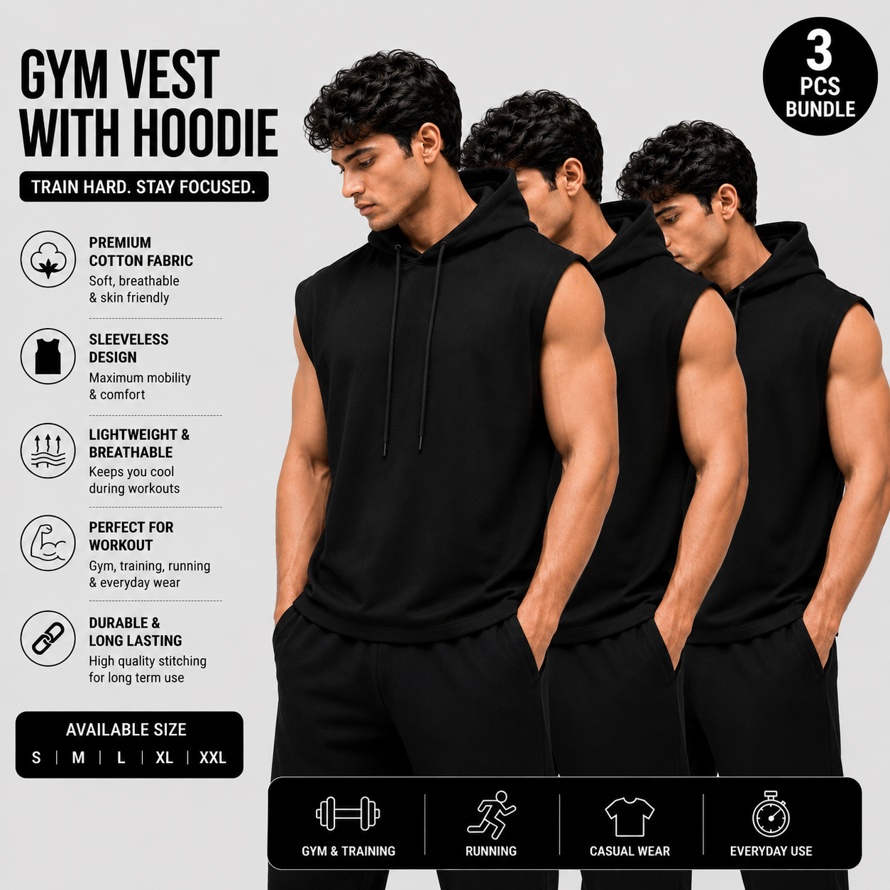 Pack of 3 Gym Vests with Hoodie | Premium Cotton Sleeveless Hooded Gym Wear | Black Combo Pack