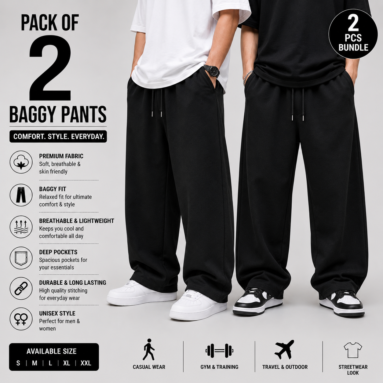 Pack of 2 Baggy Pants for Men & Women | Premium Cotton Blend | Relaxed Fit Streetwear Trousers