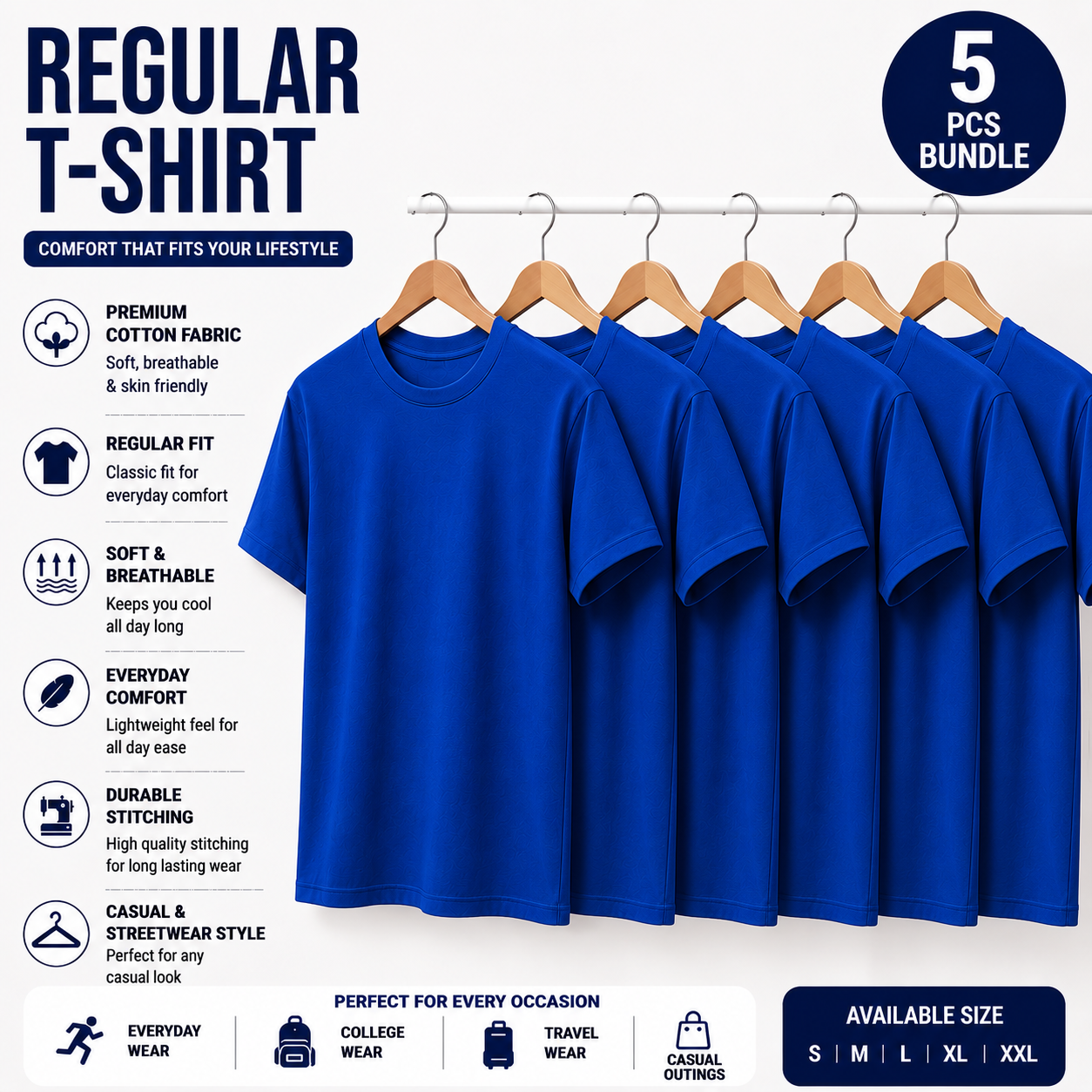 Pack of 5 Black Regular T-Shirts for Men & Women | 180 GSM Premium Cotton | Unisex Everyday Wear